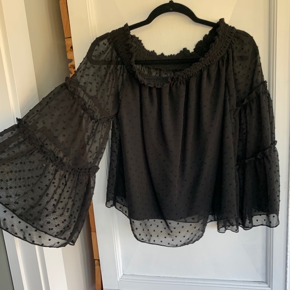 Tops - Black Swiss dot off shoulder bell sleeve top OS